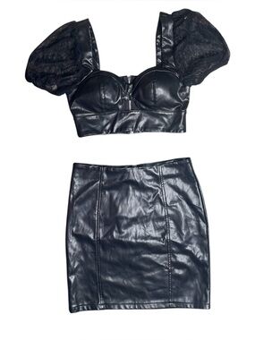 Haute Monde black puff sleeve pleather faux leather crop top & mini skirt set